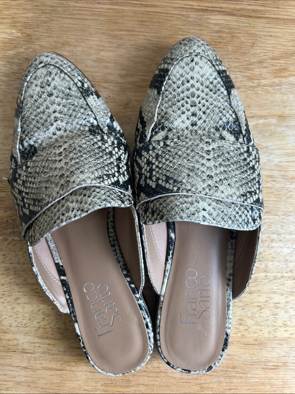 Franco Sarto Snake-Print Mules in Beige and Black